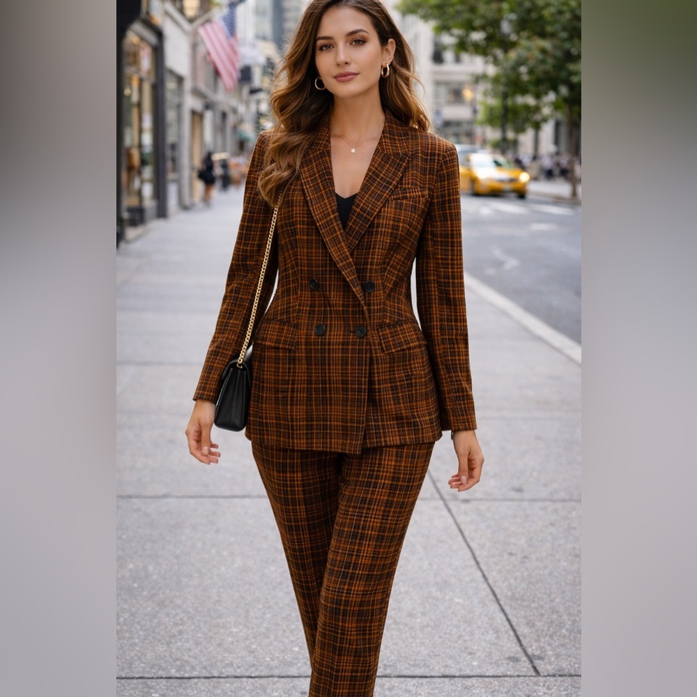 SELECTED FEMME | Checkered Orange Double-Breasted Blazer Suit Set